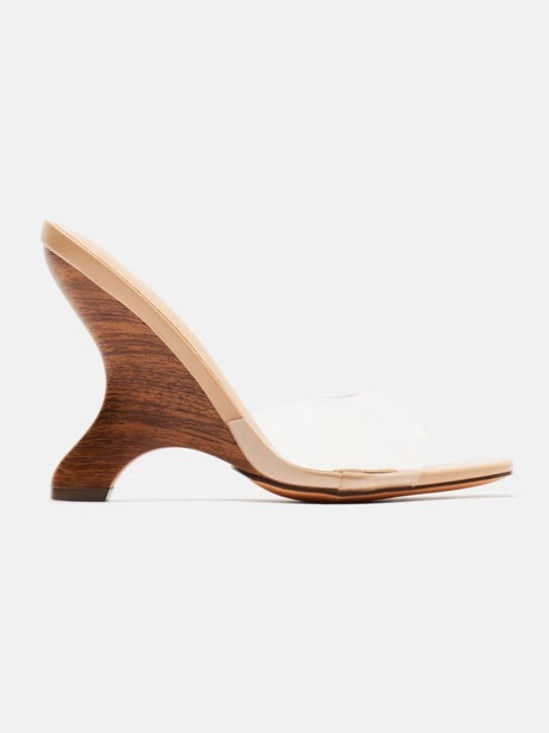 Fashion Nova Shoes - Fashion Nova Nude Clear Strap Wood-Effect Heel Mule